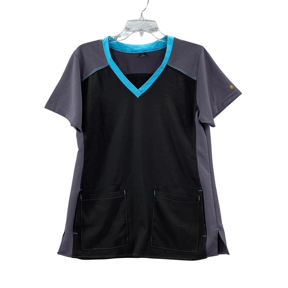 Carhartt Scrub Top Womens Medium Grey‎ Black Liberty V-Neck Medical Pockets Work